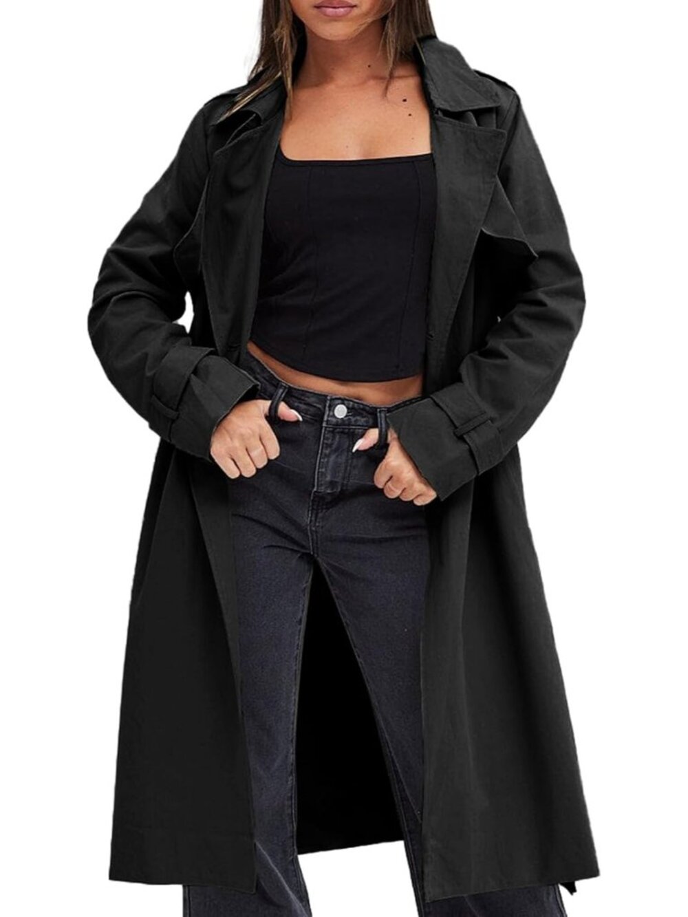 Women's Black Notch Collar Long Sleeve Pocketed Double Breasted Trench Jackets